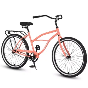 26 Inch Beach Cruiser Bike for Men and Women, Steel Frame, Single Speed Drivetrain, Upright Comfortable Rides